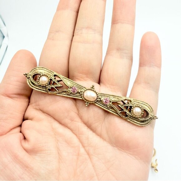 Vintage Gold Tone Rhinestone Bar Collar Flower Leaves Brooches in Lot - Picture 3 of 10